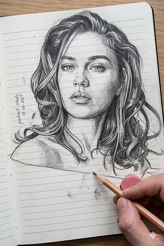 Pencil Sketch of a Face on a Notebook Page