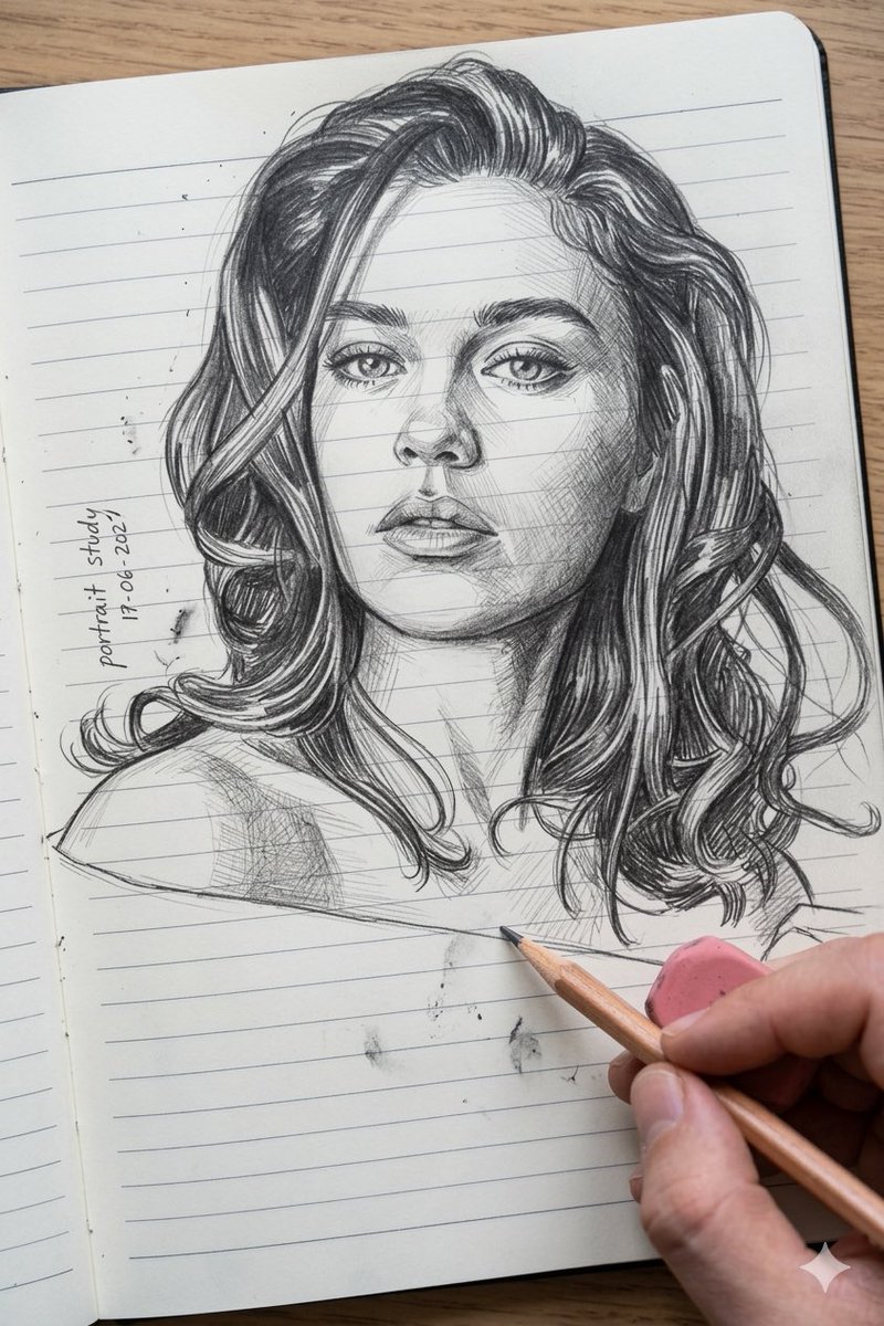 Pencil Sketch of a Face on a Notebook Page