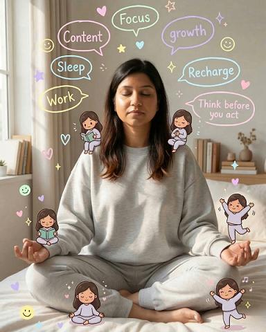 Woman Meditating with Chibi Selves and Pastel Doodles