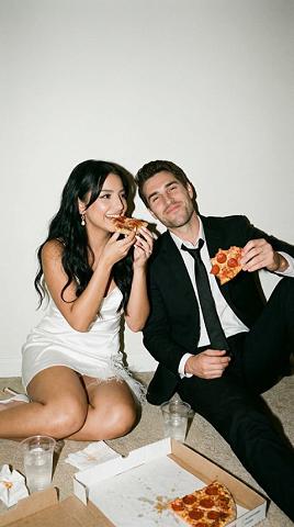 Flash Editorial After-Party Portrait of Couple Eating Pizza