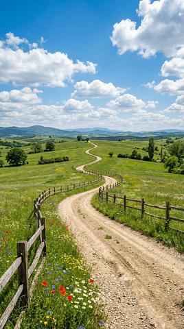 Sun-Baked Dirt Road Through Lush Green Pastures