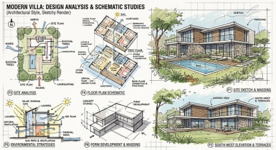 Modern Villa Sketchy Analysis Renders