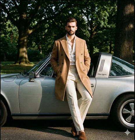 Man in Camel Coat with Vintage Porsche Targa